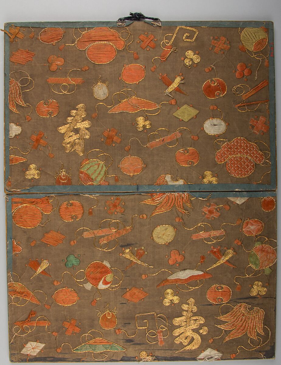 Pilgrim’s Visiting Album, One from a set of four albums; calligraphy on gilt paper and paper, paintings in ink, color, and gold on paper, mounted on paper, covers of silk embroidery with colored and metallic thread, Japan