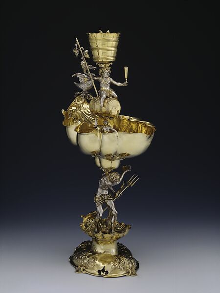 Table fountain with Neptune and the sea voyage of Bacchus, Melchior Gelb (German, active 17th century), Silver (cast, embossed, chased, chiseled, partially gilded), sheet silver (cut), German, Augsburg 