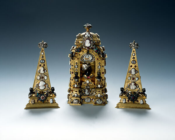 Triumphal arch with two obelisks, Johann Heinrich Köhler, Silver (gilded), gold, enamel, cameos, gemstones, German, Dresden 