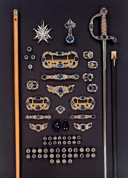 Order of the White Eagle, Ceremonial Sword, and Hat Ornament, from the Sapphire Garniture of Augustus the Strong, Johann Melchior Dinglinger (German, 1664–1731), Sapphires, lynx sapphire (blue cordierite), diamonds, gold, silver, enamel, steel, German, Dresden 