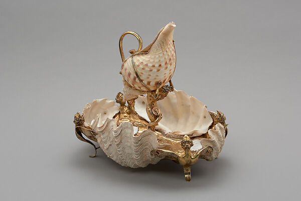 Ewer and basin, Abraham Pfleger I (German, 1558–1605), Triton snail shell (choronia lampas), giant clam shell (Tridacninae), scallop shell (Pectinidae), silver (gilded), German, Augsburg 