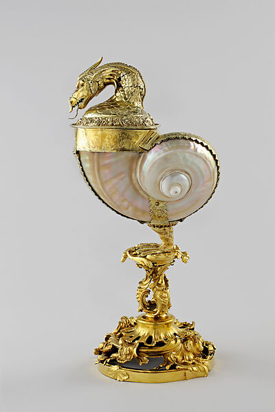 Turban Snail Cup and Cover, Stand by Johann Joachim Busch, Turban snail shell (turbo mamoratus), gilded silver and brass mounts, Cup and cover: German (?); stand: German, Mecklenburg 
