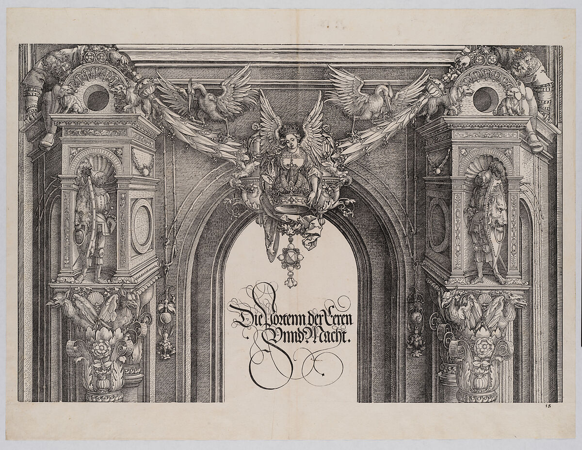 The Upper Section of the Entryway to the Central Portal with a Winged Figure Holding the Imperial Crown, from the Arch of Honor, proof, dated 1515, printed 1517-18, Albrecht Dürer (German, Nuremberg 1471–1528 Nuremberg), Woodcut and letterpress 