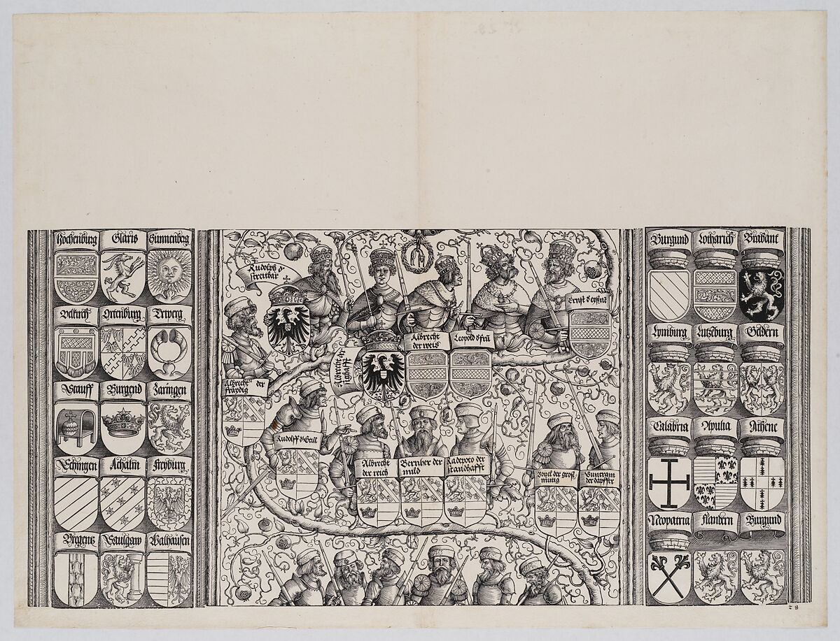 The Middle Portion of the Genealogy of Maximilian, from the Arch of Honor, proof, dated 1515, printed 1517-18, Hans Springinklee (German, ca. 1495–after 1522), Woodcut and letterpress