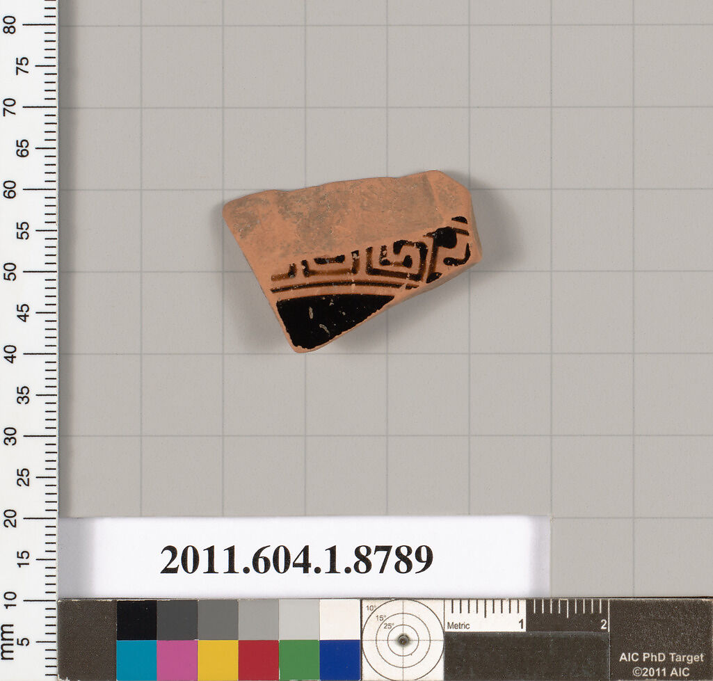 Terracotta fragment of a kylix (drinking cup), Terracotta, Greek, Attic 