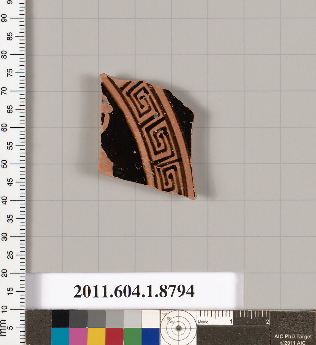 Terracotta fragment of a kylix (drinking cup), Terracotta, Greek, Attic 