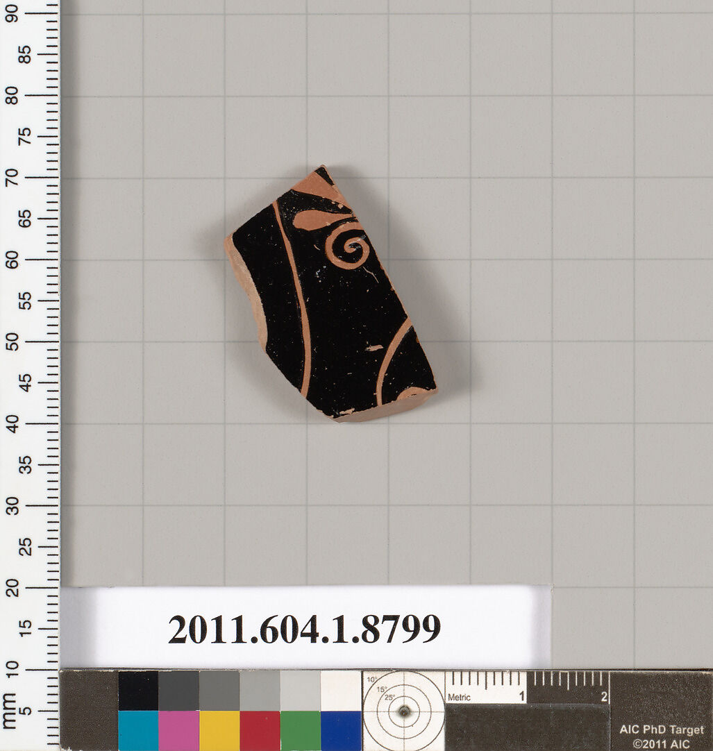 Terracotta fragment of a kylix (drinking cup), Terracotta, Greek, Attic