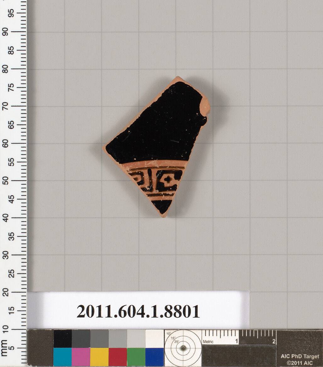 Terracotta fragment of a kylix (drinking cup), Terracotta, Greek, Attic 