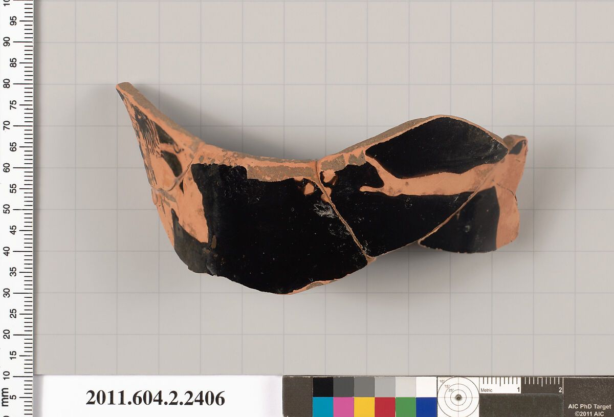 Terracotta fragment of a head kantharos (drinking cup with high handles)?, Terracotta, Greek, Attic 