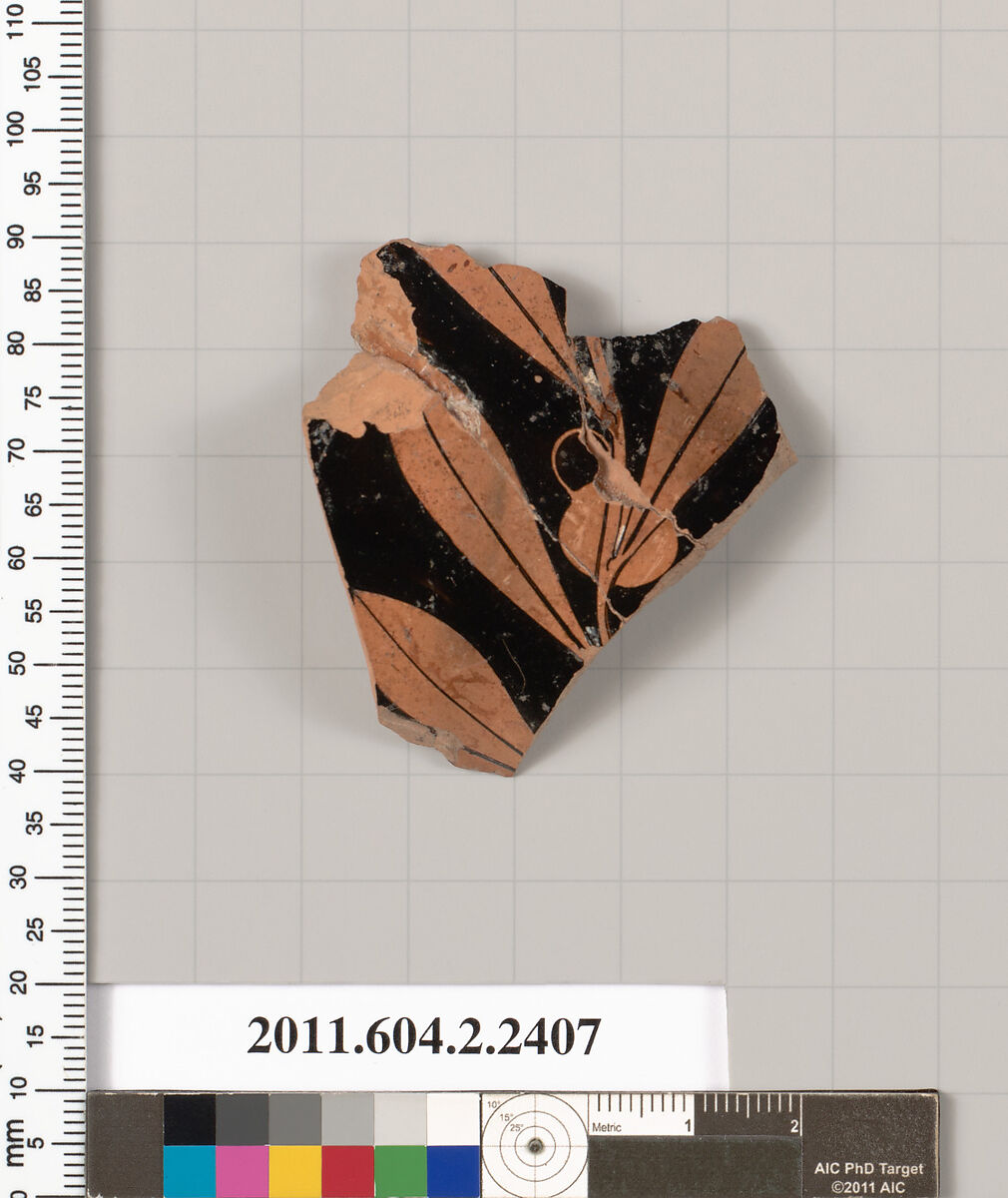 Terracotta fragment of a rhyton (vase for libations or drinking), Terracotta, Greek, Attic 