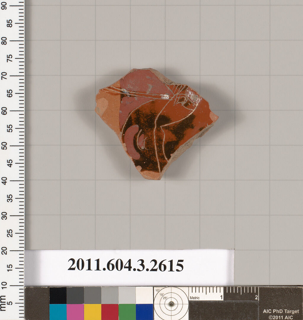 Terracotta fragment of a kylix (drinking cup), Terracotta, Greek, Attic 