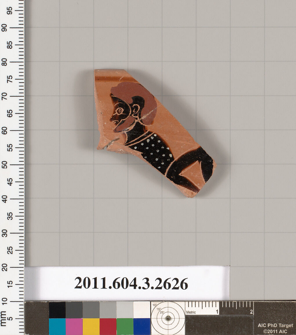 Terracotta rim fragment of a kylix (drinking cup), Terracotta, Greek, Attic 