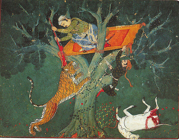 Rao Bhoj Singh Stalking a Tiger at Night, Attributed to Hada Master, Opaque watercolor and ink on paper, India (Bundi, Rajasthan) 