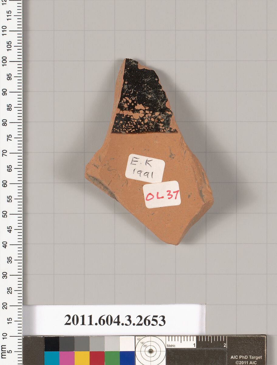 Terracotta fragment of an olpe (jug), Terracotta, Greek, Attic