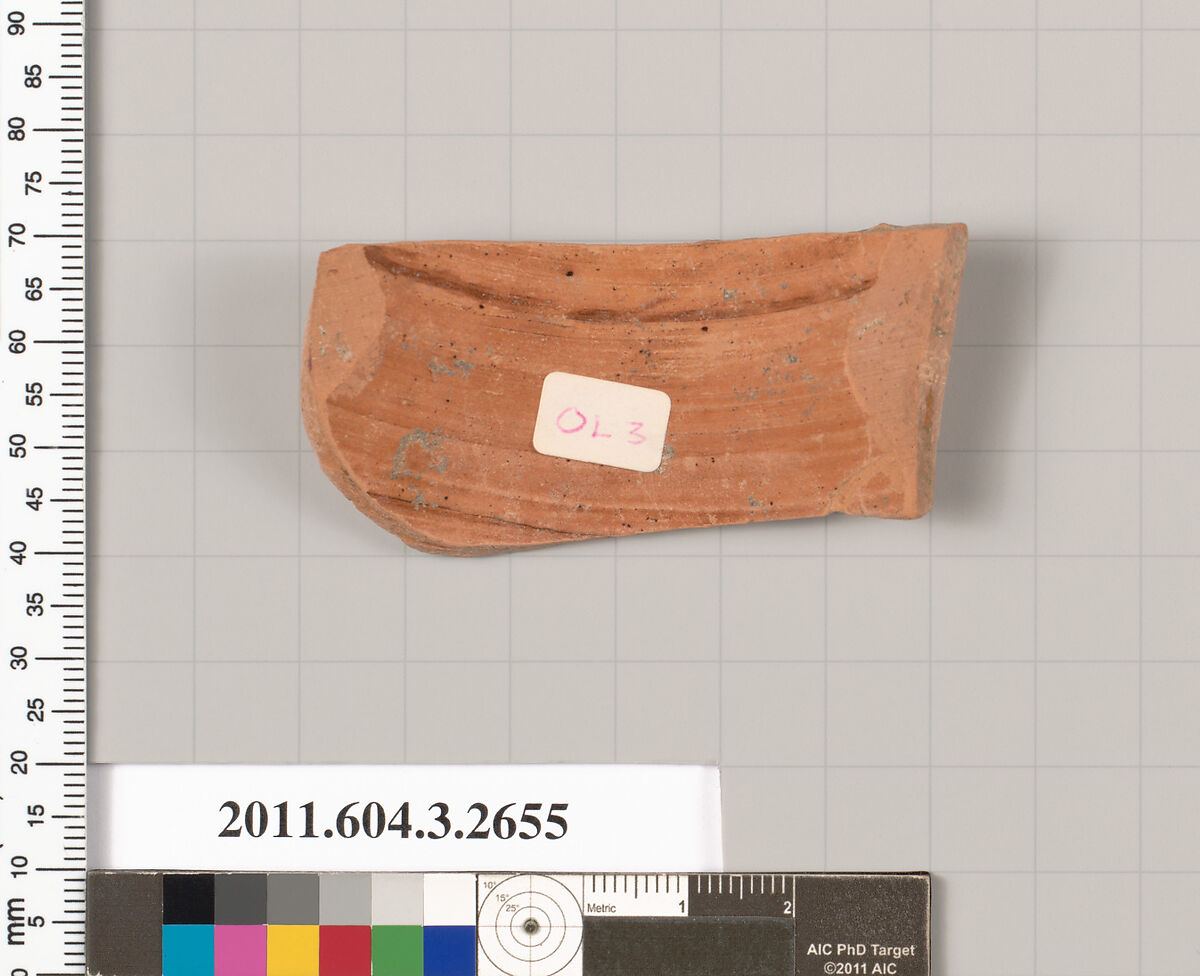 Terracotta fragment of an olpe (jug), Terracotta, Greek, Attic