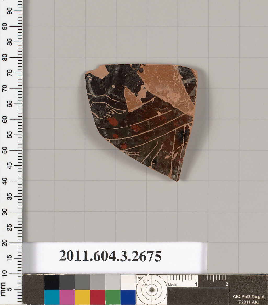Terracotta fragment of an oinochoe (jug)  or olpe (jug), Terracotta, Greek, Attic 