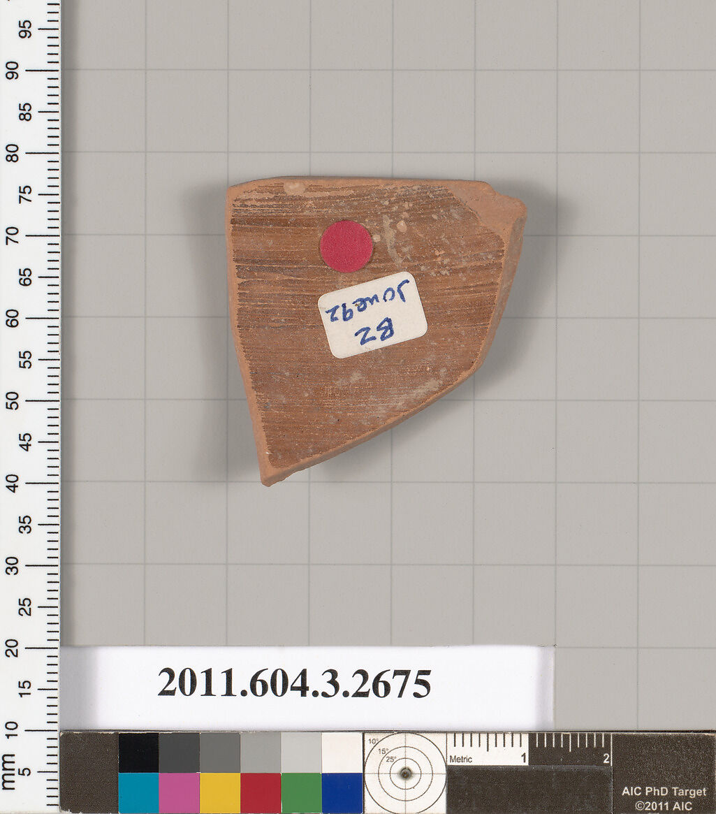 Terracotta fragment of an oinochoe (jug)  or olpe (jug), Terracotta, Greek, Attic