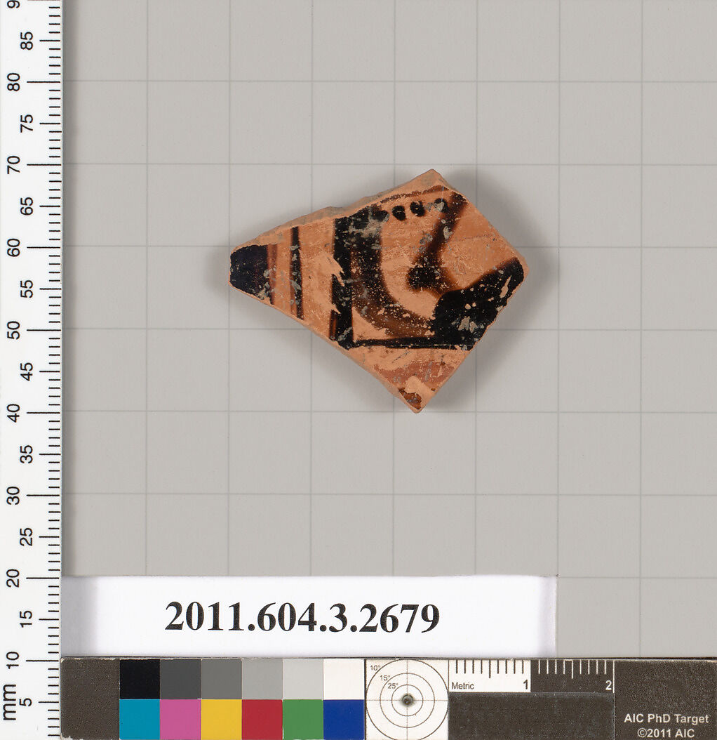 Terracotta fragment of an oinochoe (jug) or olpe (jug), Terracotta, Greek, Attic 