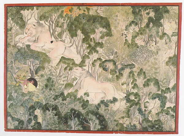 Rao Bhoj Singh of Bundi Slays a Lion, Attributed to Kota Master  A, Opaque watercolor on paper, India (Kota, Rajasthan) 
