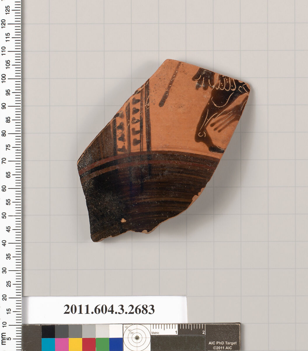 Terracotta fragment of an olpe (jug), Terracotta, Greek, Attic 