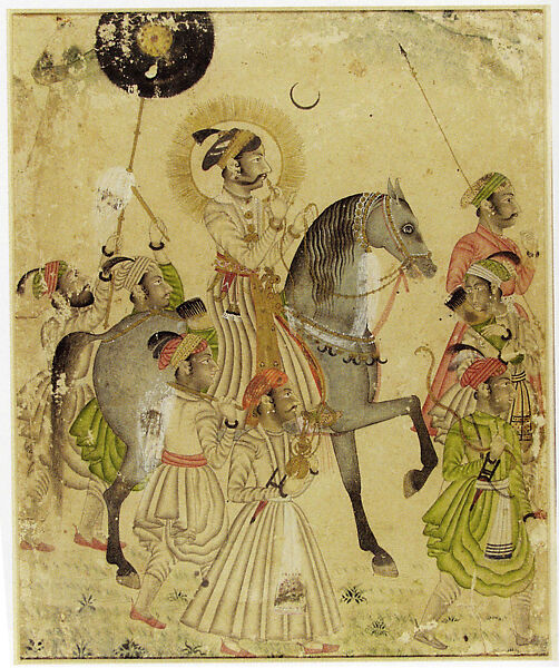 Maharana Amar Singh II Riding, Accompanied by Attendants, Attributed to Stipple Master (Indian, active ca. 1690–1715), Opaque watercolor and ink on paper, India (Udaipur, Rajasthan) 
