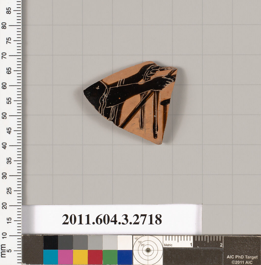 Terracotta fragment of an oinochoe (jug) or olpe (jug), Terracotta, Greek, Attic 