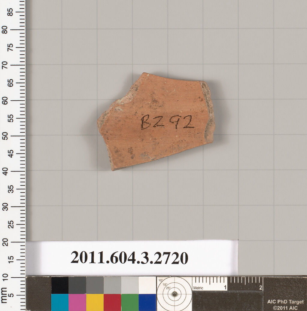 Terracotta fragment of an oinochoe (jug) or olpe (jug), Terracotta, Greek, Attic