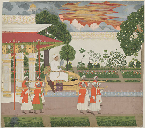 Emperor Muhammad Shah with Falcon Viewing His Garden at Sunset from a Palanquin, Attributed to Chitarman II (Kalyan Das) (Indian, born ca. 1680, active ca. 1700–45), Opaque watercolor and gold on paper, India (Mughal court at Delhi) 