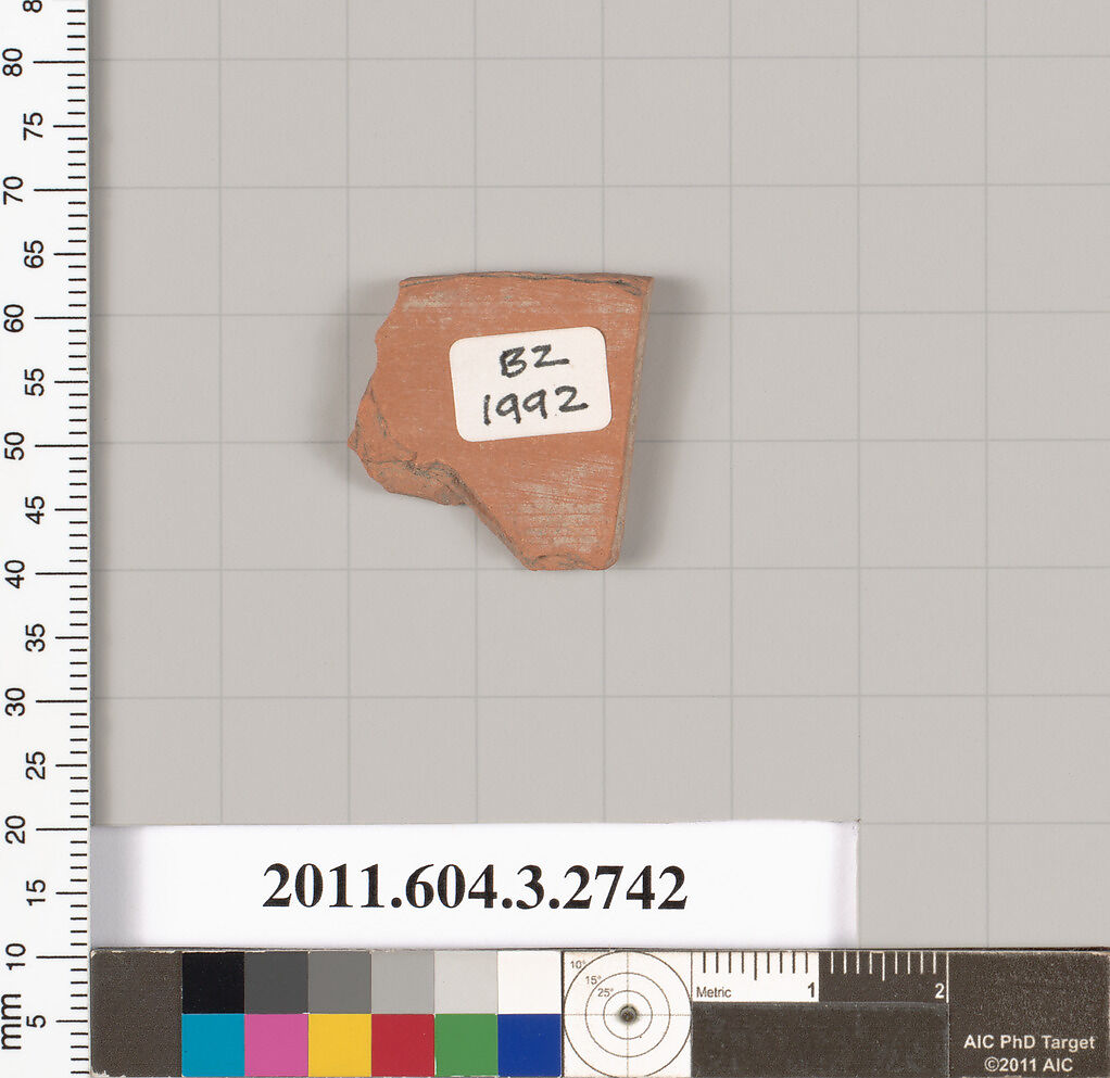 Terracotta fragment of an oinochoe (jug) or olpe (jug), Terracotta, Greek, Attic