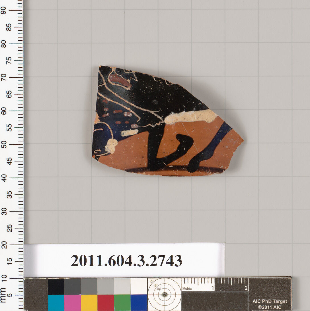 Terracotta fragment of an oinochoe (jug) or olpe (jug), Terracotta, Greek, Attic 