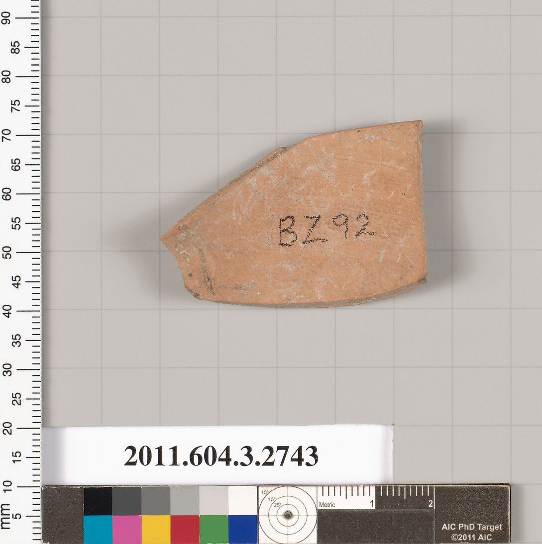 Terracotta fragment of an oinochoe (jug) or olpe (jug), Terracotta, Greek, Attic