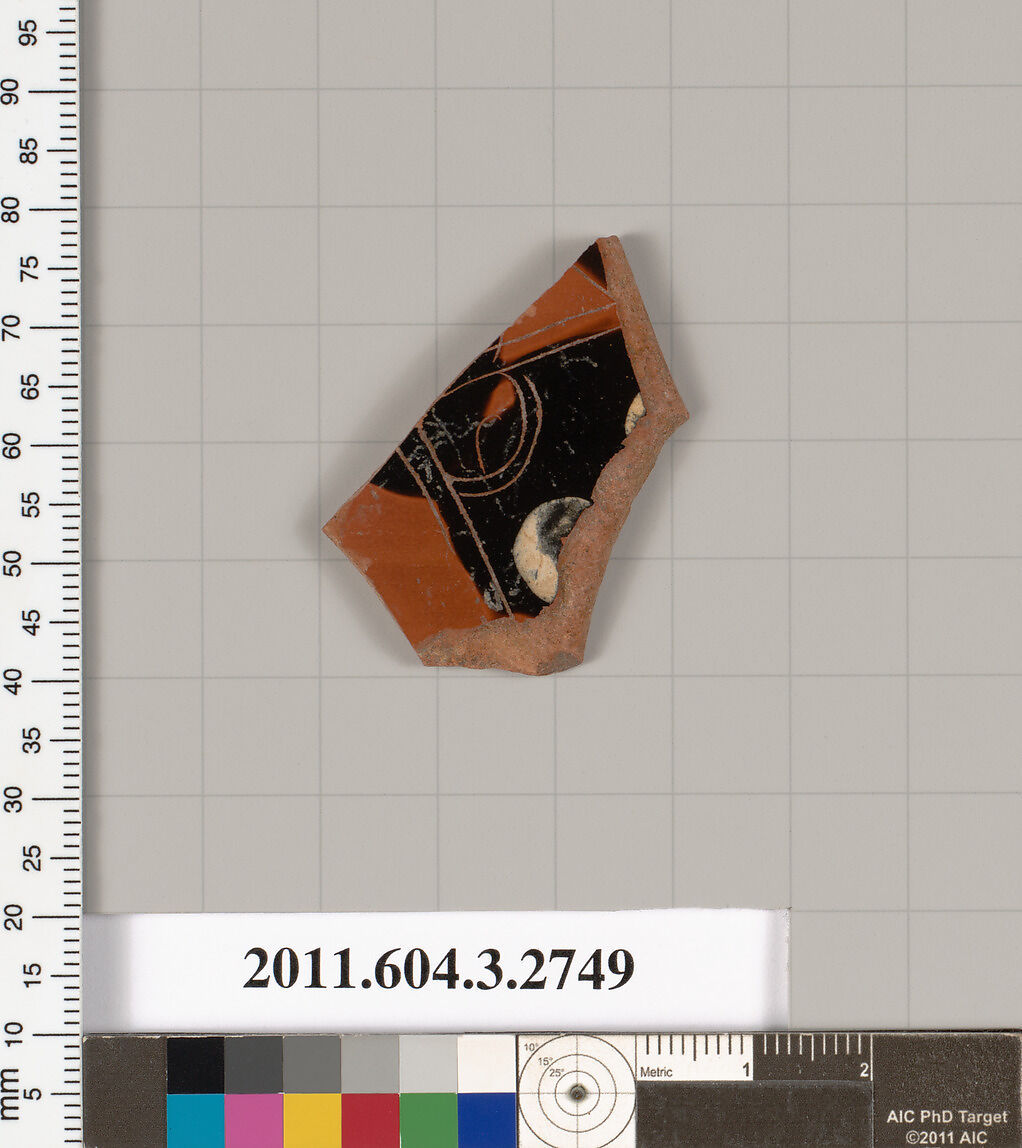 Terracotta fragment of an oinochoe (jug) or olpe (jug), Terracotta, Greek, Attic 