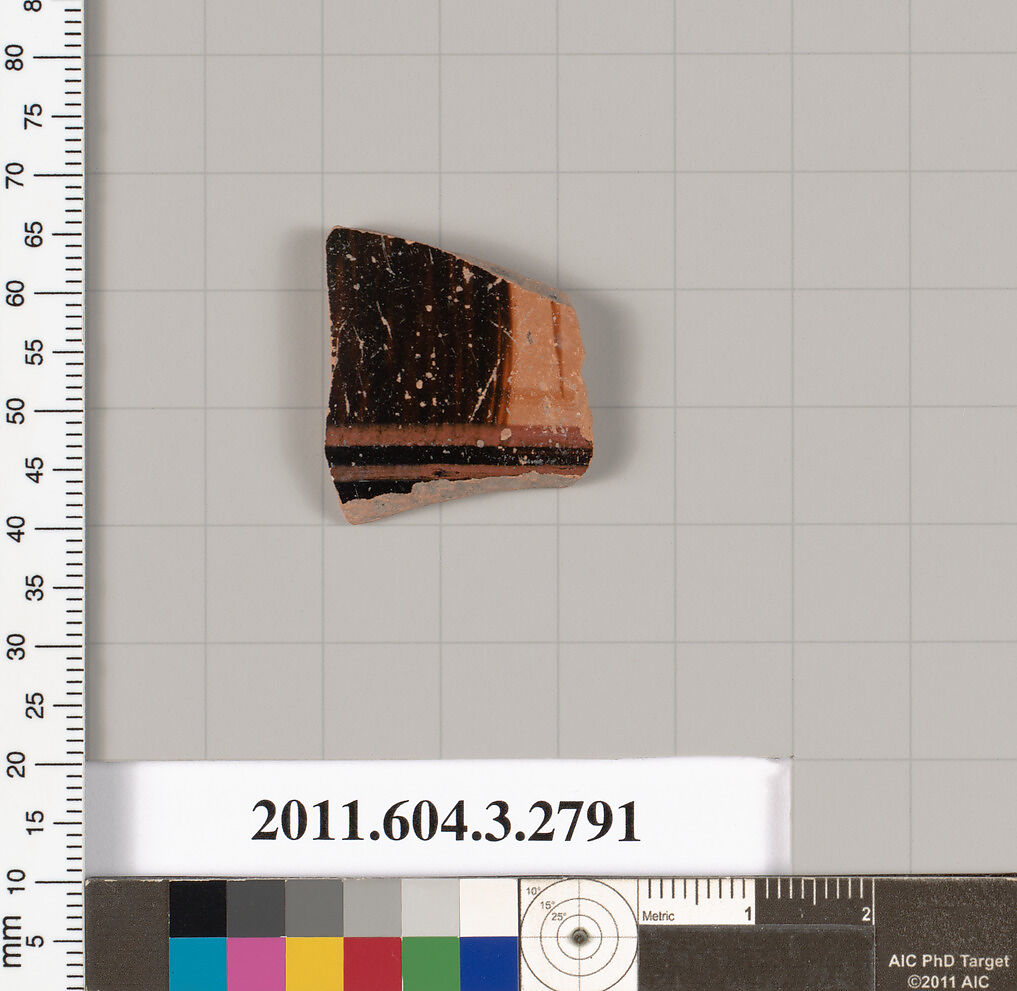 Terracotta fragment of an oinochoe (jug) or olpe (jug), Terracotta, Greek, Attic 