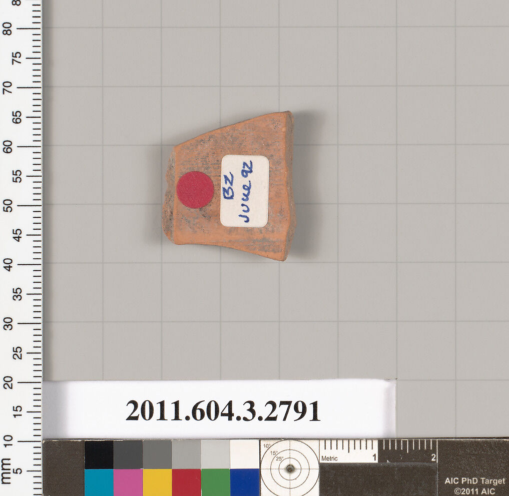 Terracotta fragment of an oinochoe (jug) or olpe (jug), Terracotta, Greek, Attic