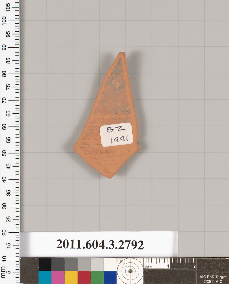 Terracotta fragment of an oinochoe (jug) or olpe (jug), Terracotta, Greek, Attic