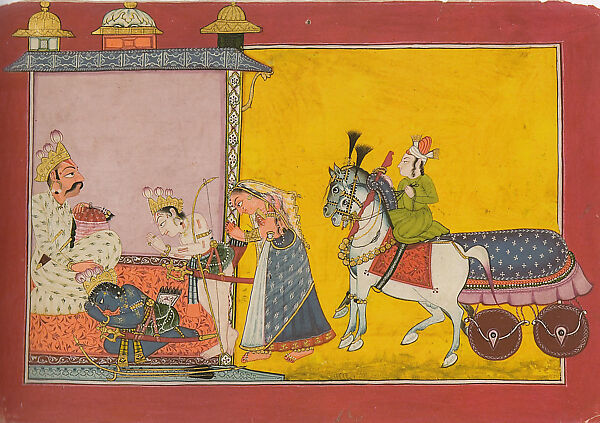 Sita, Rama and Laksmana Go into Exile: Folio from the Shangri I Ramayana Series, Bahu Masters (active ca. 1680–ca. 1720), Opaque watercolor and gold on paper, India (Bahu, Jammu) 