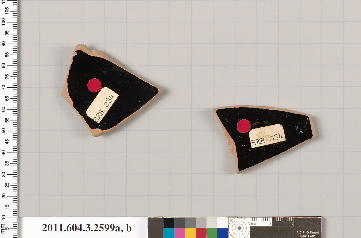 Terracotta fragments of a kylix: Band cup (drinking cup), Terracotta, Greek, Attic