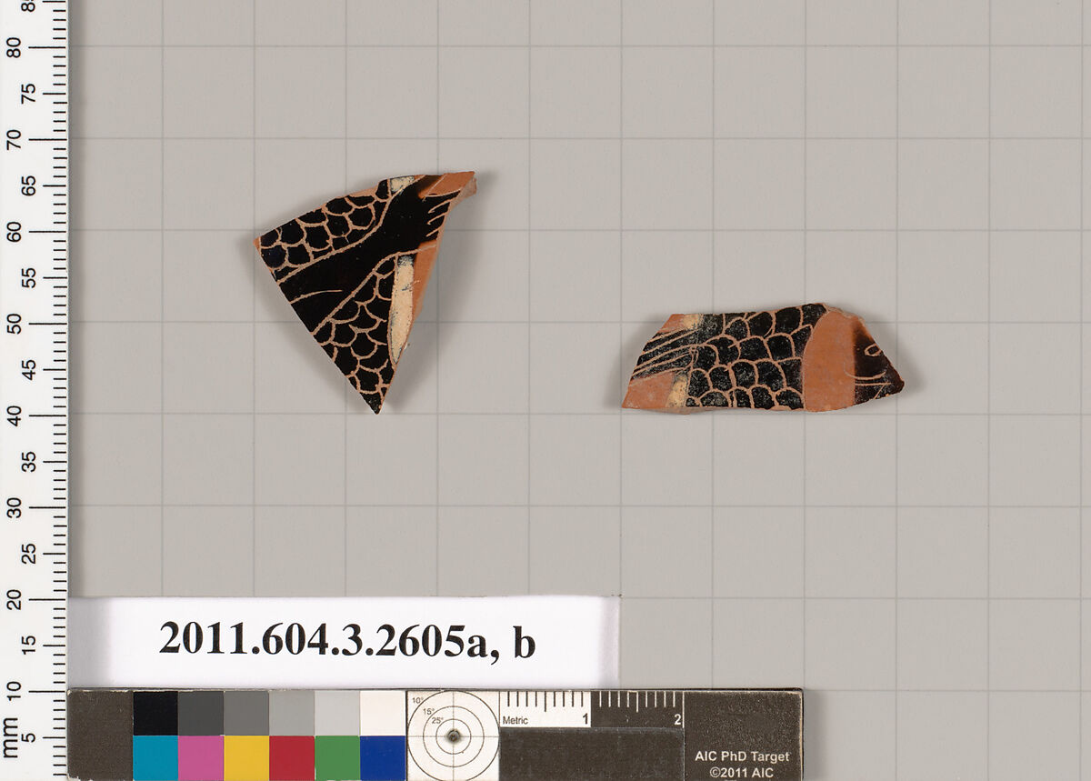 Terracotta fragments of a kylix (drinking cup), Terracotta, Greek, Attic 