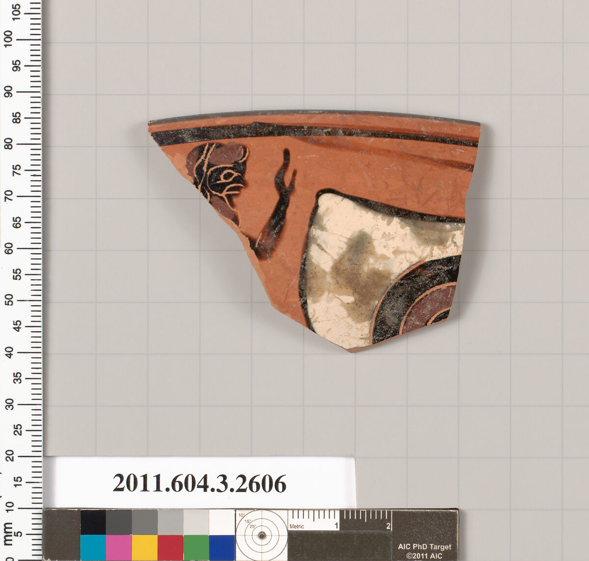 Terracotta rim fragment of a kylix: eye-cup (drinking cup), Terracotta, Greek, Attic 