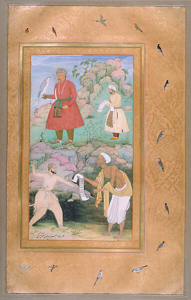 Akbar with Falcon Receiving Itimam Khan, while below a Poor Petitioner Is Driven Away by a Royal Guard: Page from a Jahangir Album, Keshav Das (active ca. 1570–1604), Opaque watercolor and ink on paper, India (Mughal court at Lahore) 