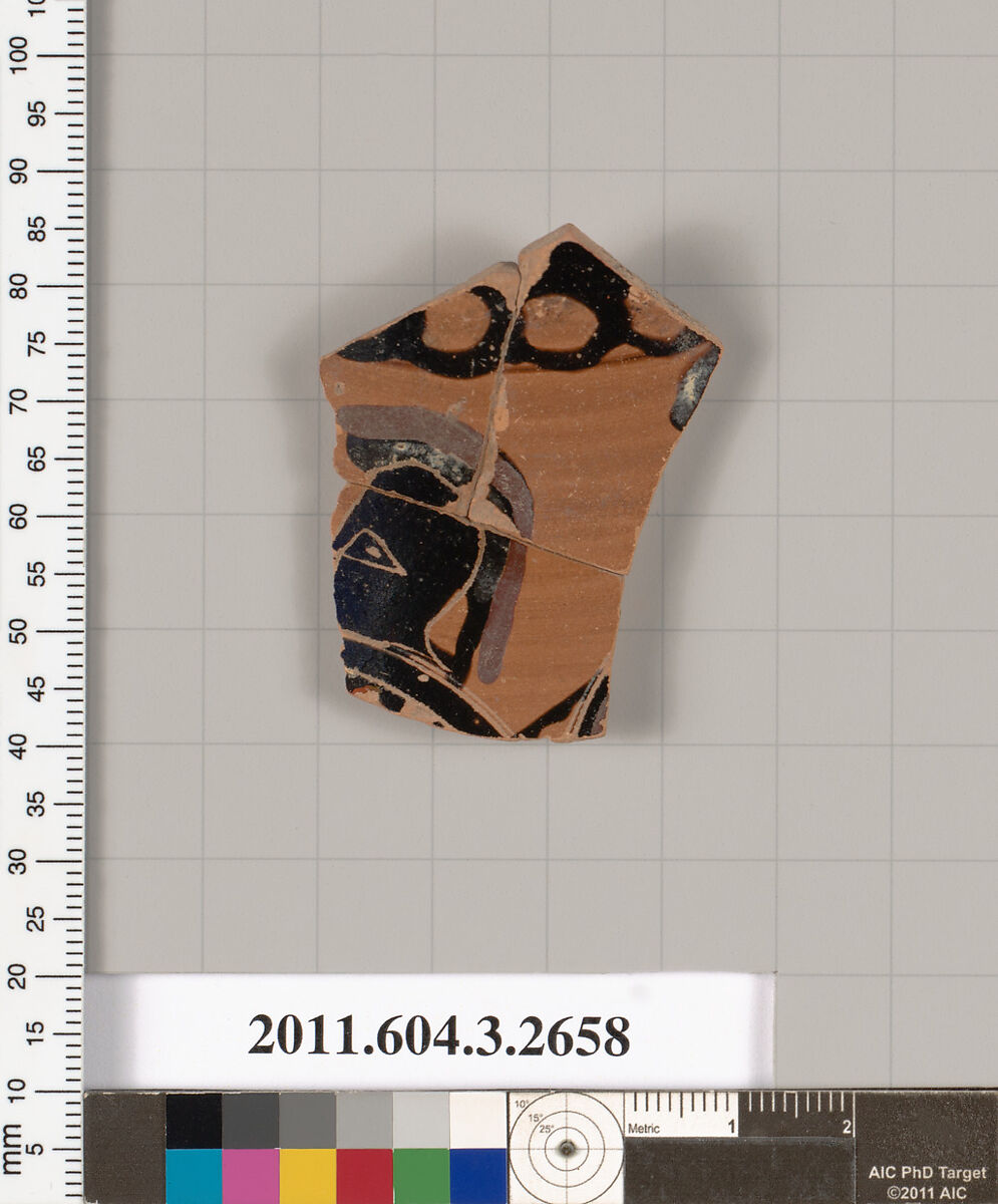 Terracotta fragment of an olpe (jug), Terracotta, Greek, Attic 