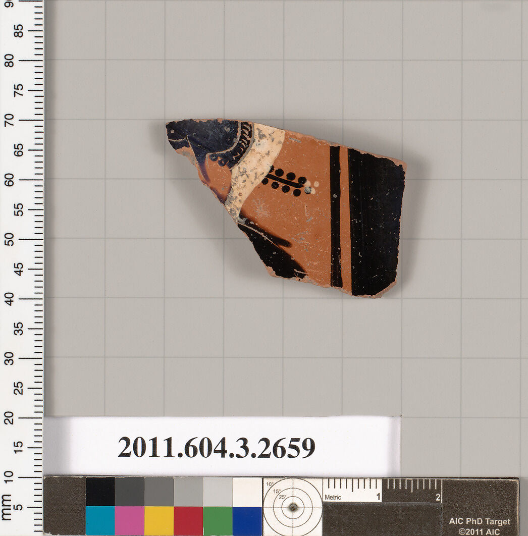 Terracotta fragment of an olpe (jug), Terracotta, Greek, Attic 