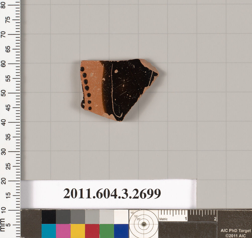 Terracotta fragment of an oinochoe (jug) or olpe (jug), Terracotta, Greek, Attic 