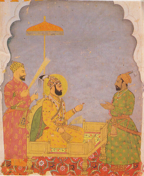 Emperor Farrukhsiyar Bestows a Jewel on a Nobleman, Attributed to Chitarman II (Kalyan Das) (Indian, born ca. 1680, active ca. 1700–45), Opaque watercolor on paper, India (Mughal court at Delhi) 