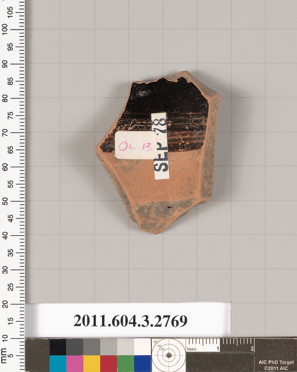 Terracotta fragment of an olpe (jug), Terracotta, Greek, Attic