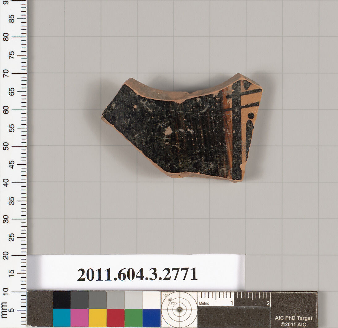 Terracotta fragment of an olpe (jug), Terracotta, Greek, Attic 