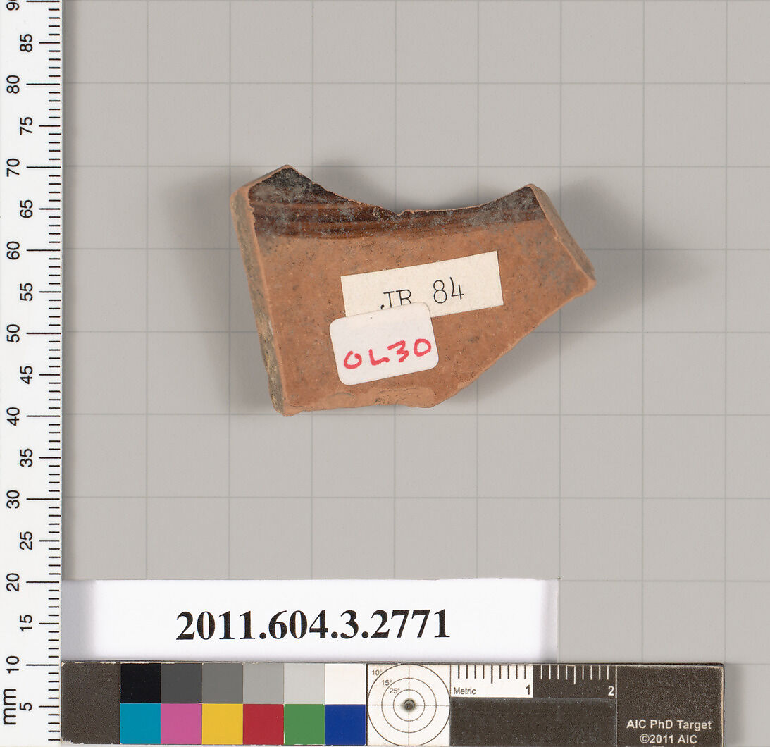 Terracotta fragment of an olpe (jug), Terracotta, Greek, Attic