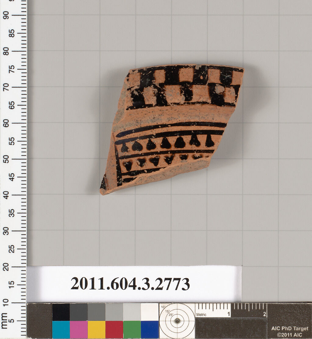 Terracotta fragment of an olpe (jug), Terracotta, Greek, Attic 