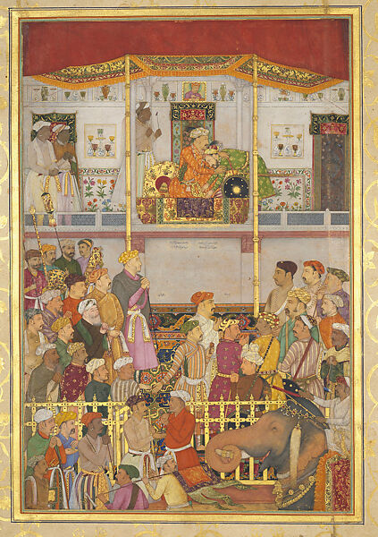 Jahangir Receives Prince Khurram at Ajmer on His Return from the Mewar Campaign: Page from the Windsor Padshahnama, Balchand (Indian, 1595–ca. 1650), Opaque watercolor and gold on paper, India (Mughal court at Lahore or Daulatabad) 