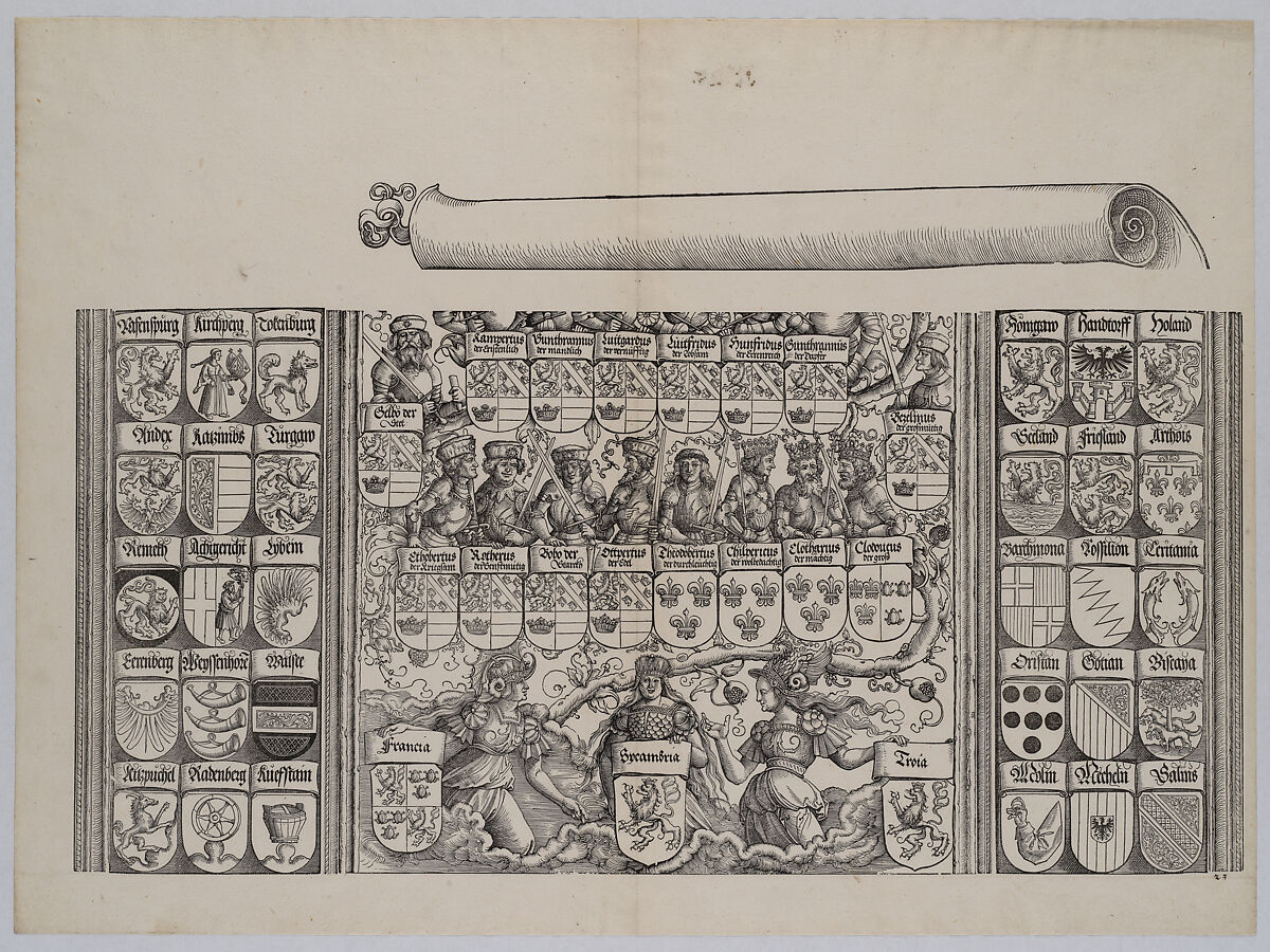 The Lower Portion of the Genealogy of Maximilian; with the Left Edge of the Scroll for the Explanatory Text, from the Arch of Honor, proof, dated 1515, printed 1517-18, Hans Springinklee (German, ca. 1495–after 1522), Woodcut and letterpress 